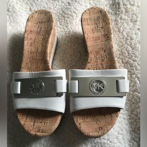 Women's Michael Kors MK Warren Platform Cork Wedge Slip On Sandals White 7.5